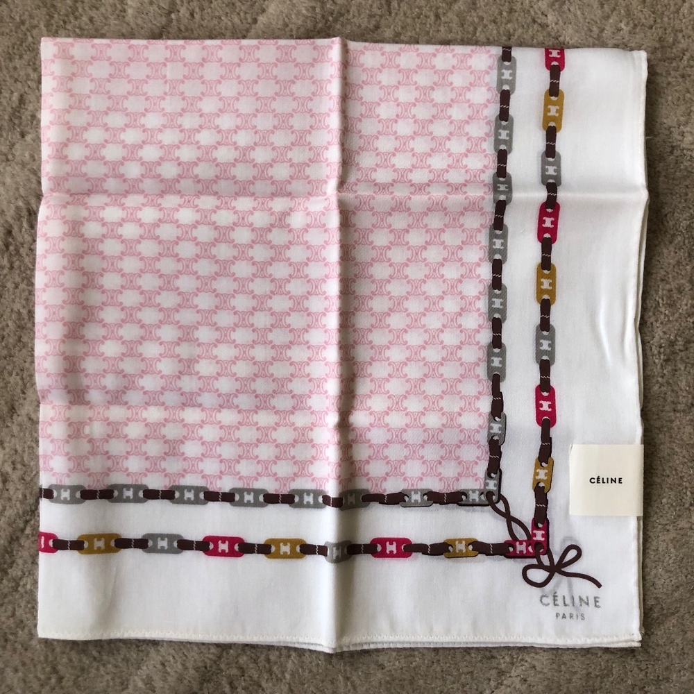 New Vintage CELINE Handkerchief Scarf Classic Macadam Logo Chains Pink